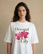 Oriental Lily women's oversized print tee in soft fabric, featuring a floral lily design, from aurulu.