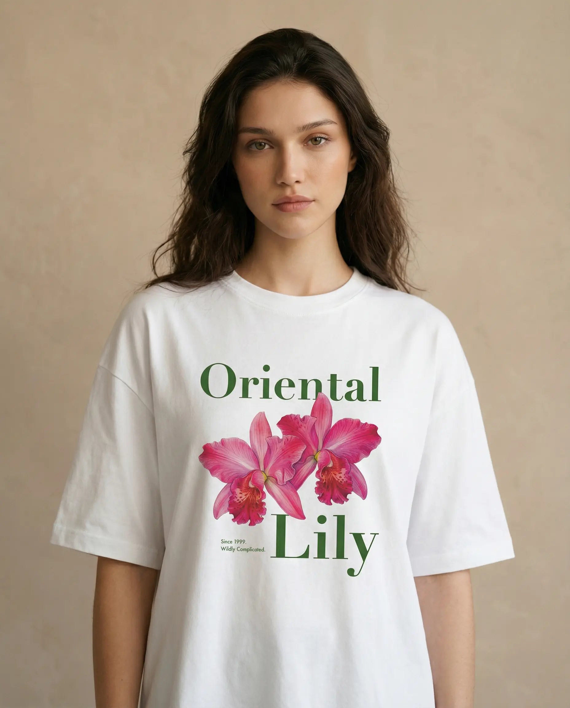 Oriental Lily women's oversized print tee in soft fabric, featuring a floral lily design, from aurulu.