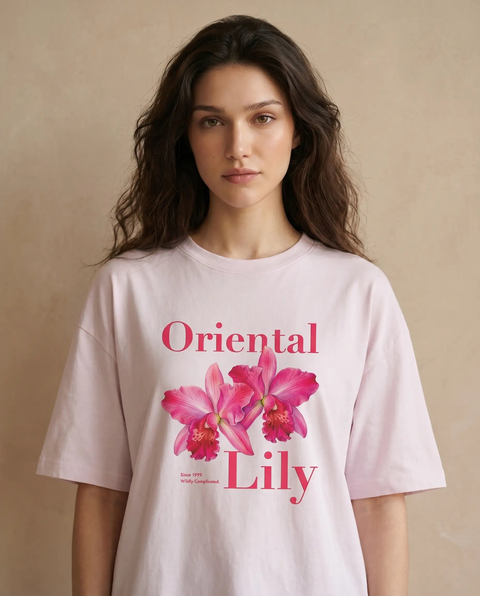 Oversized women's tee by aurulu featuring a vibrant oriental lily print on soft fabric.