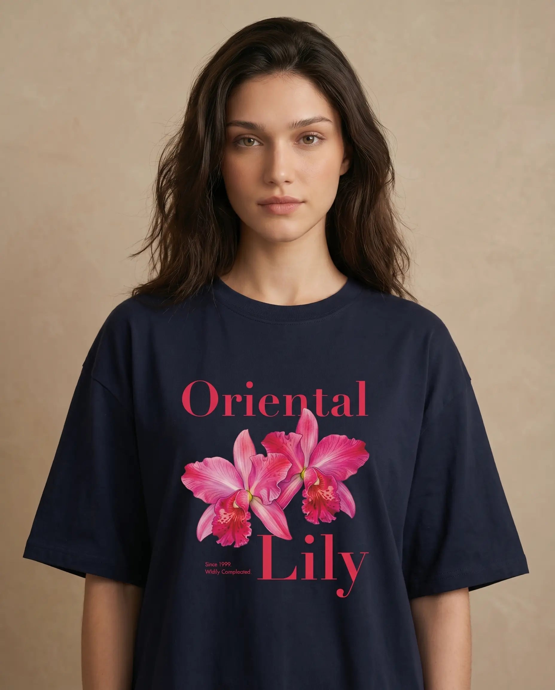 Oversized women's t-shirt with Oriental Lily print by aurulu, featuring a comfortable, casual fit and floral design.