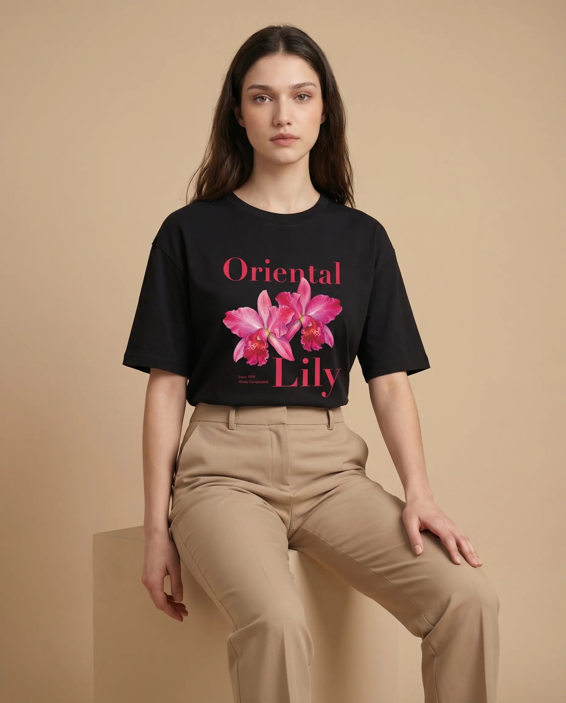 Oversized women's tee with Oriental Lily print by aurulu, featuring a soft fabric and relaxed fit, displayed on a neutral background.
