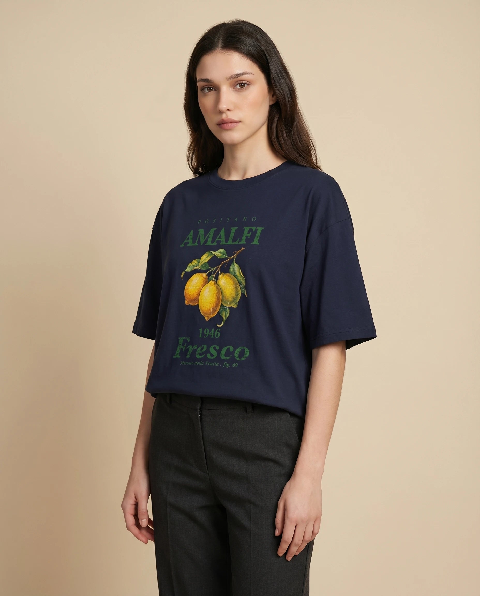 Aurulu Amalfi Fresco women's oversized tee with colorful Positano print on soft fabric, casual and stylish for everyday wear.