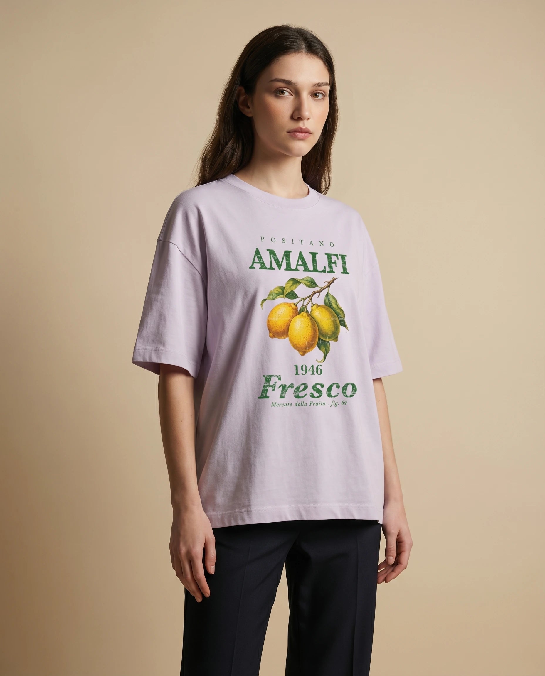 Amalfi Fresco women's oversized print tee by Aurulu featuring a vibrant Positano Amalfi coastal scene on soft fabric.