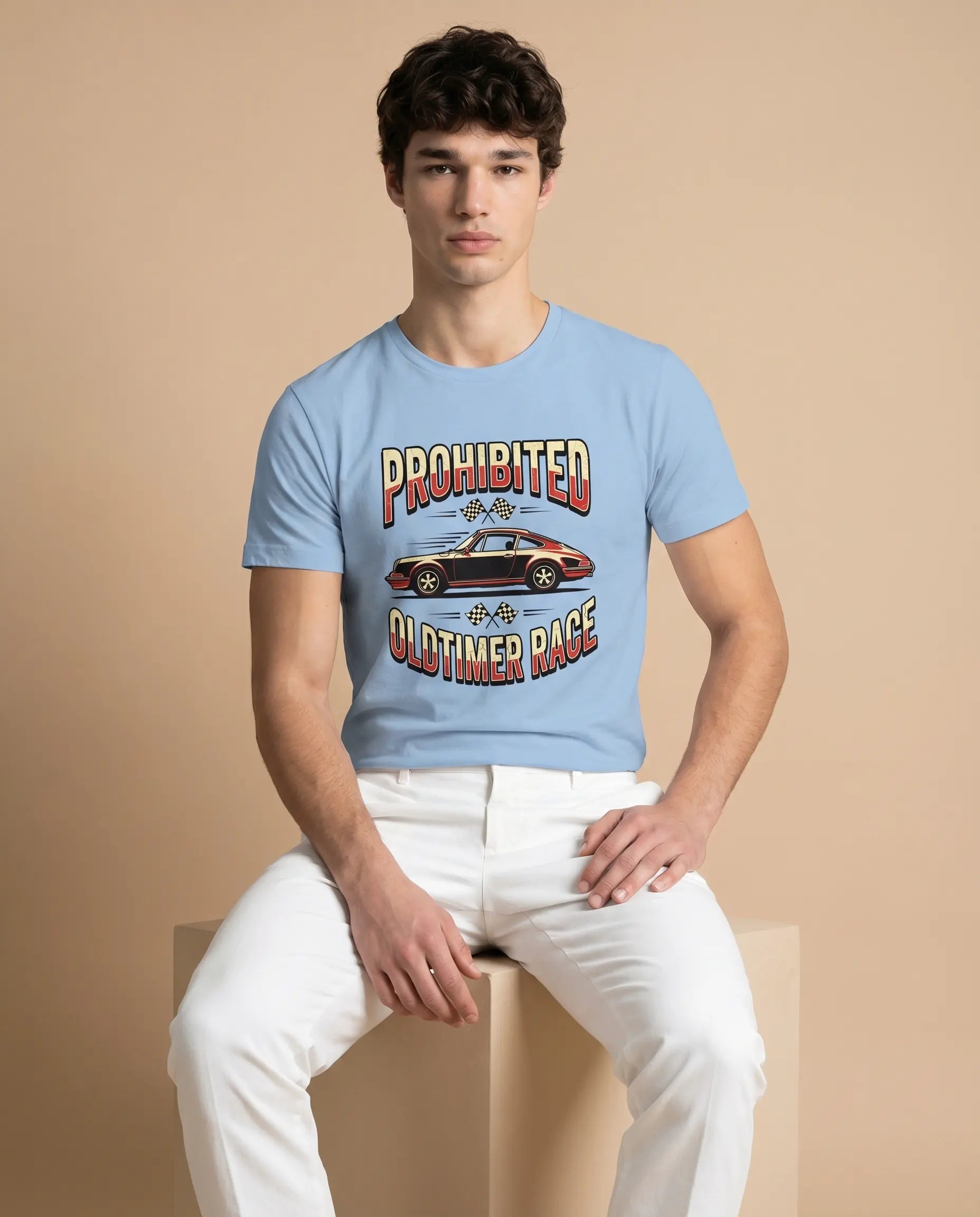 Prohibited Oldtimer Race men's crewneck tee with printed design, made of comfortable fabric, by aurulu.