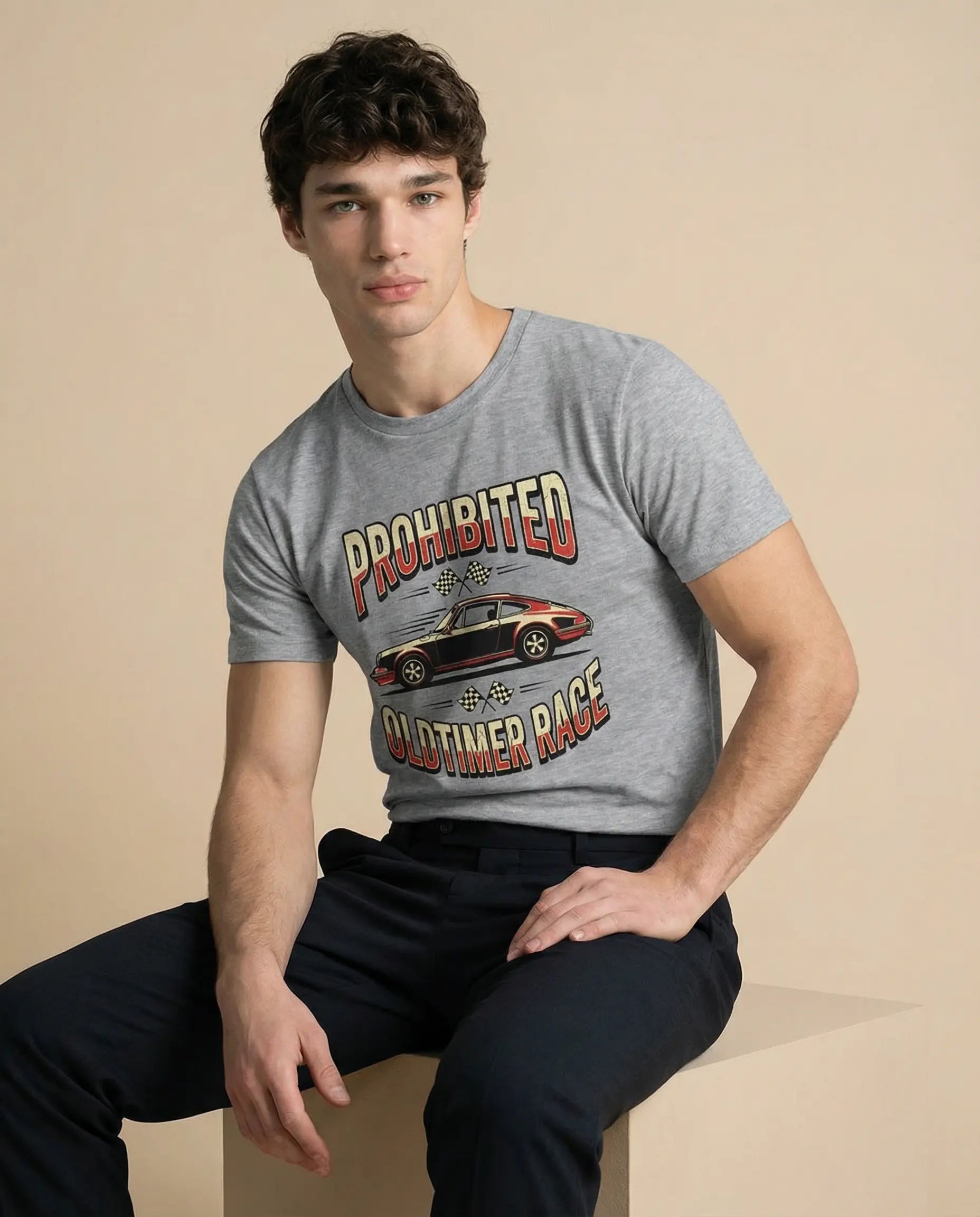 Prohibited Oldtimer Race men's crewneck tee with vintage race car print, made by aurulu, showcasing a classic automotive design.