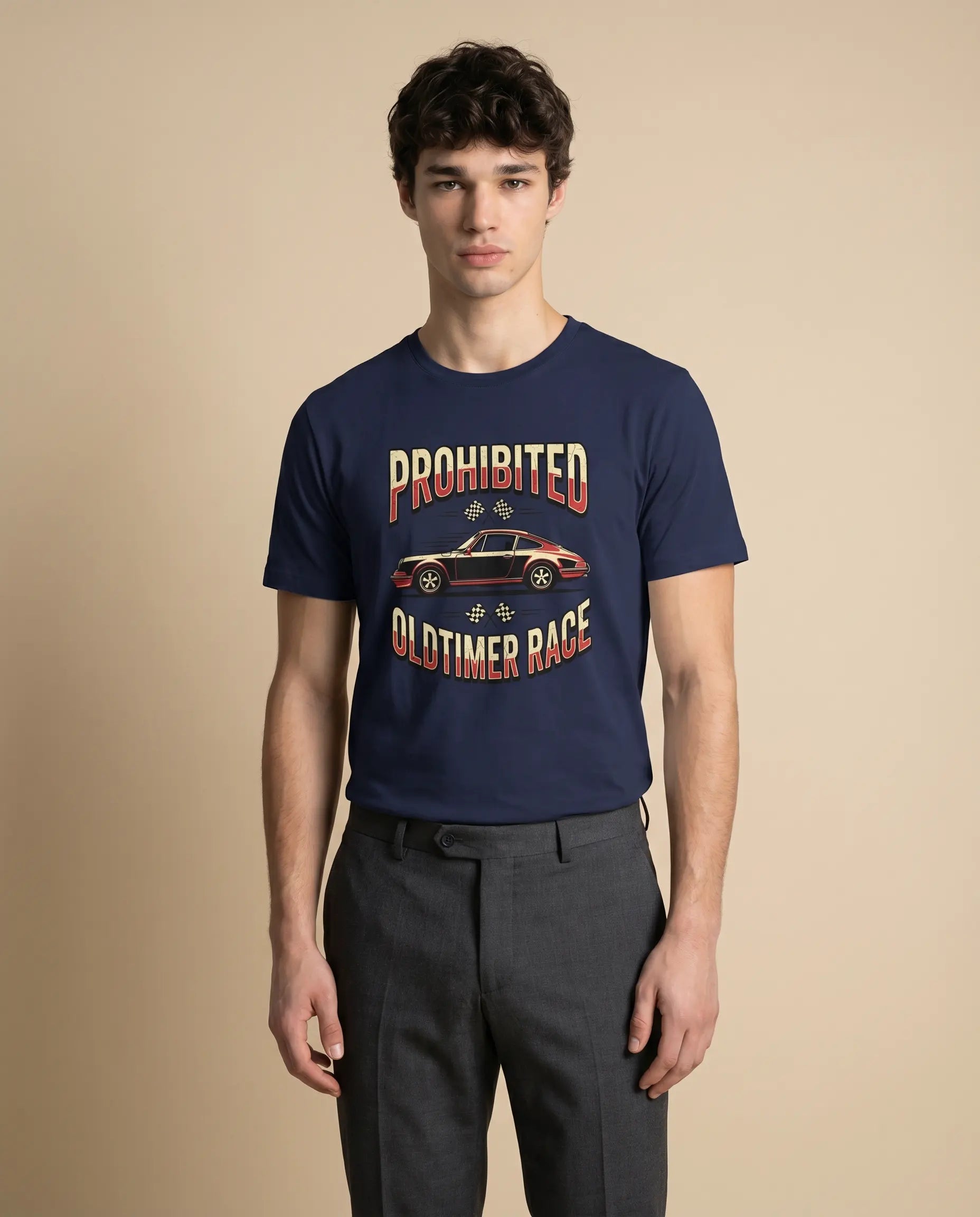 Aurulu Prohibited Oldtimer Race men's crewneck tee featuring vintage race car print on soft fabric.