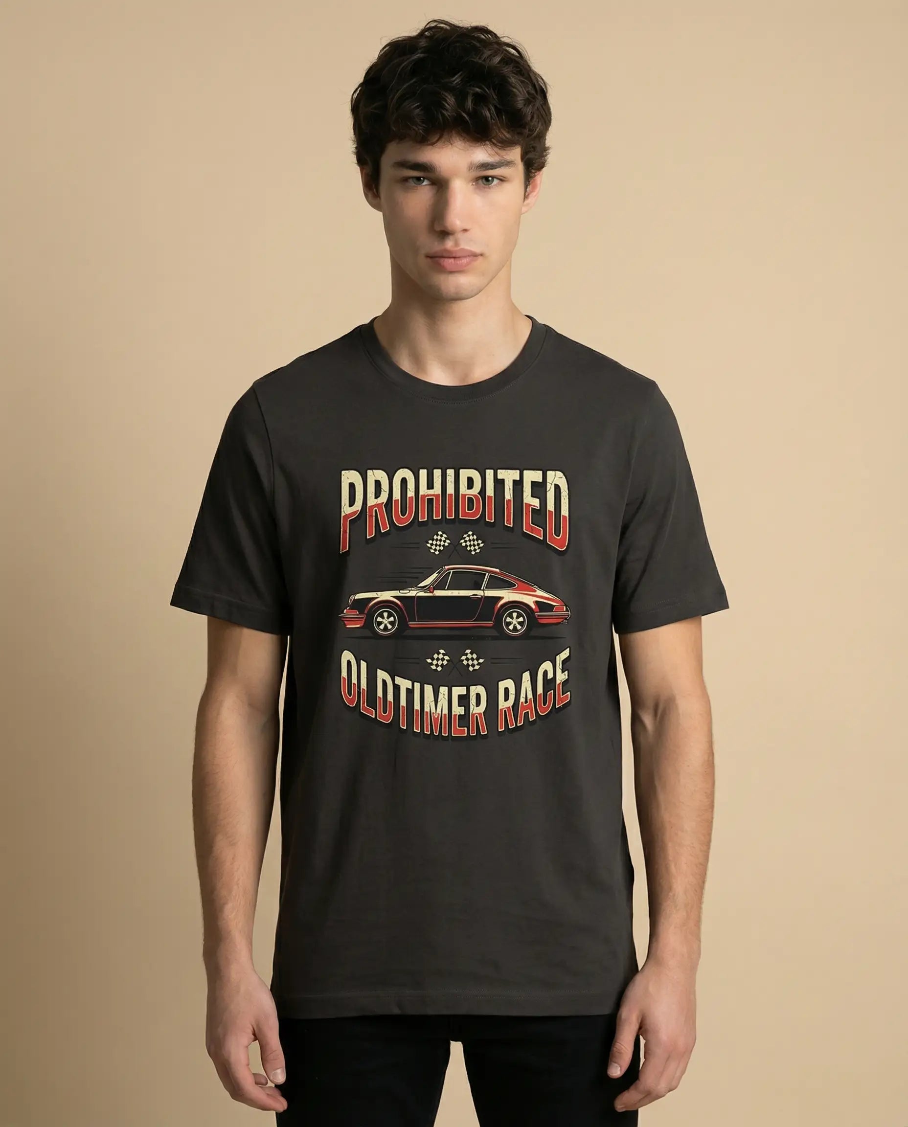 Prohibited Oldtimer Race men's crewneck tee with vintage print design, made by aurulu, showing front view of the shirt.