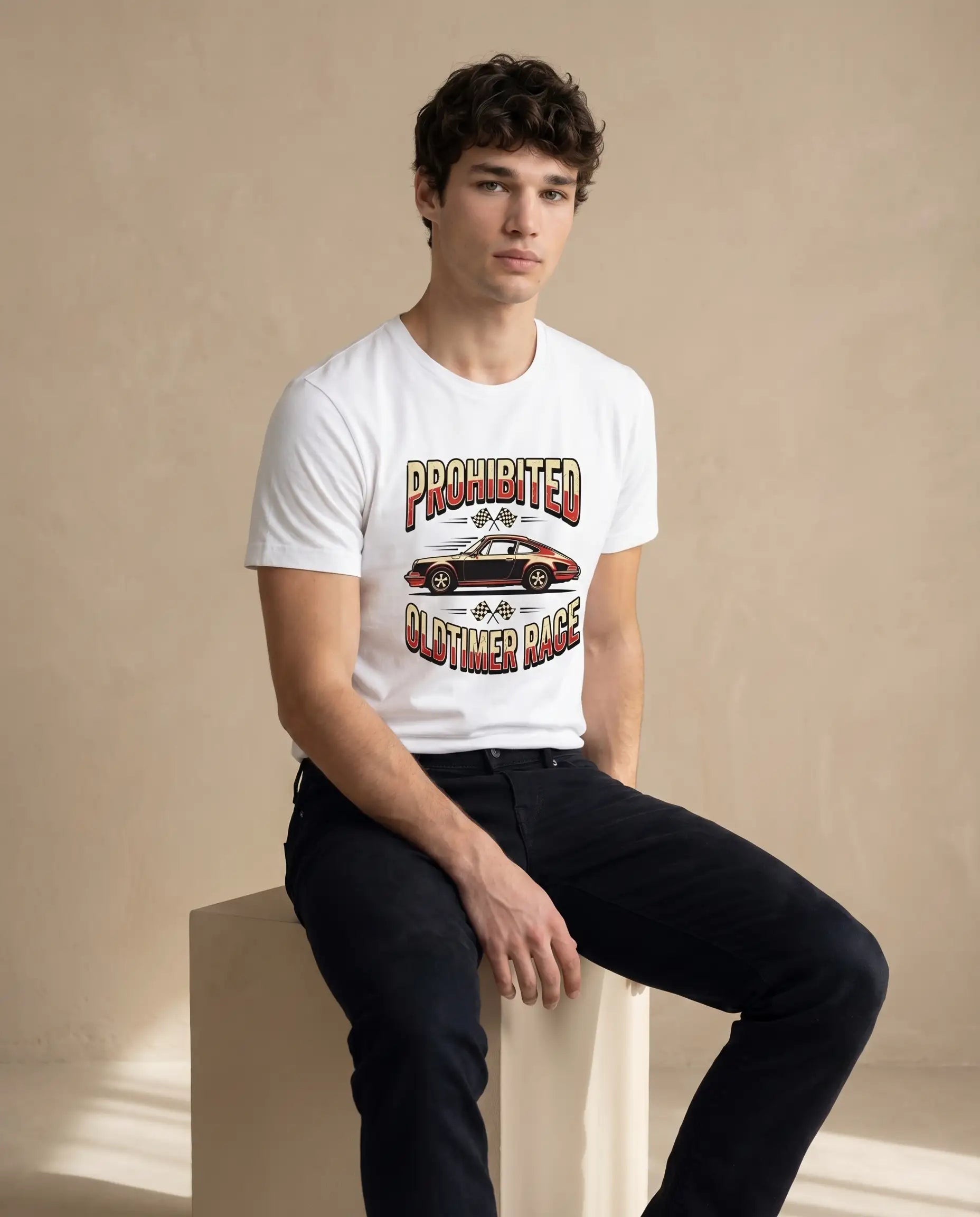 Aurulu Prohibited Oldtimer Race men's crewneck tee with vintage race car print on soft fabric, casual and stylish men's T-shirt.