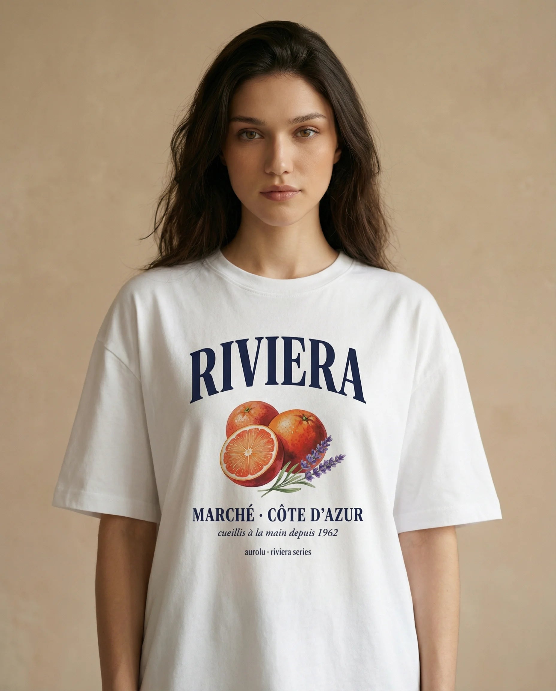 Print oversized women's tee by aurulu featuring Riviera Marché design, casual fit, and soft fabric for comfortable wear.
