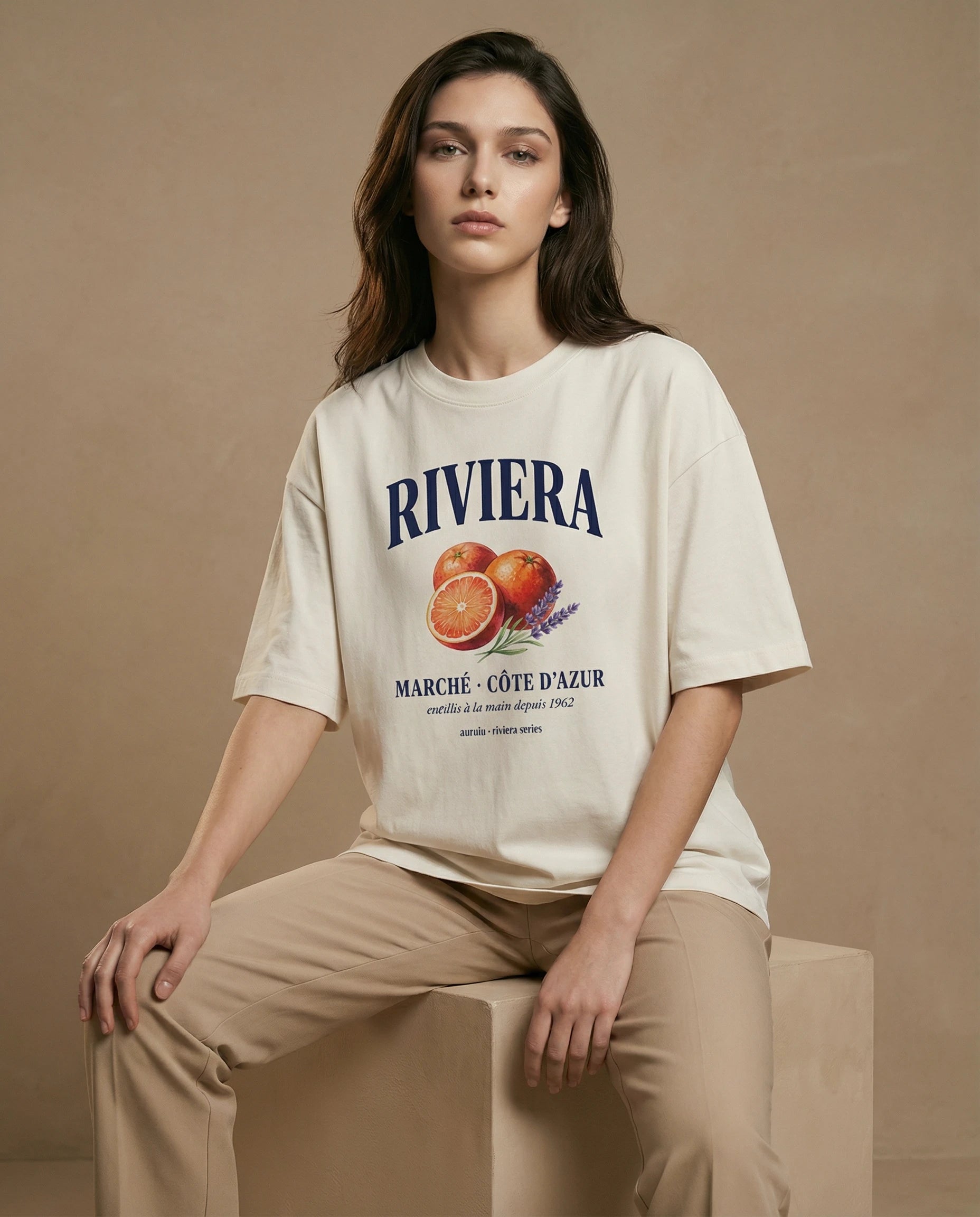 Aurulu Riviera Marché women's oversized print tee with colorful design, casual fit, and soft fabric for comfortable everyday wear.