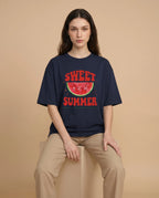 Sweet Summer women's oversized tee with colorful print design, made by aurulu, casual and comfortable for warm weather.