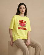 Sweet Summer Women's oversized print tee by Aurulu, featuring a colorful, relaxed-fit design on soft cotton fabric.
