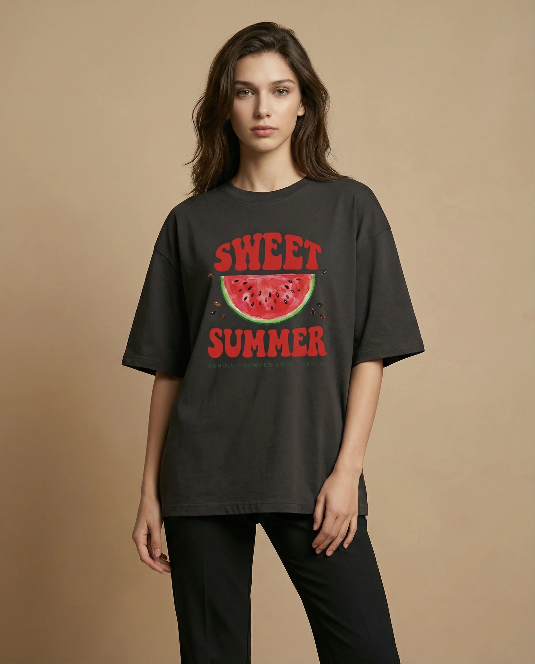 Sweet Summer women's oversized tee with colorful print design, made from soft, breathable fabric by aurulu.