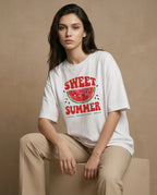 Sweet Summer women's oversized print tee by aurulu, featuring a colorful summer-themed design on soft fabric.
