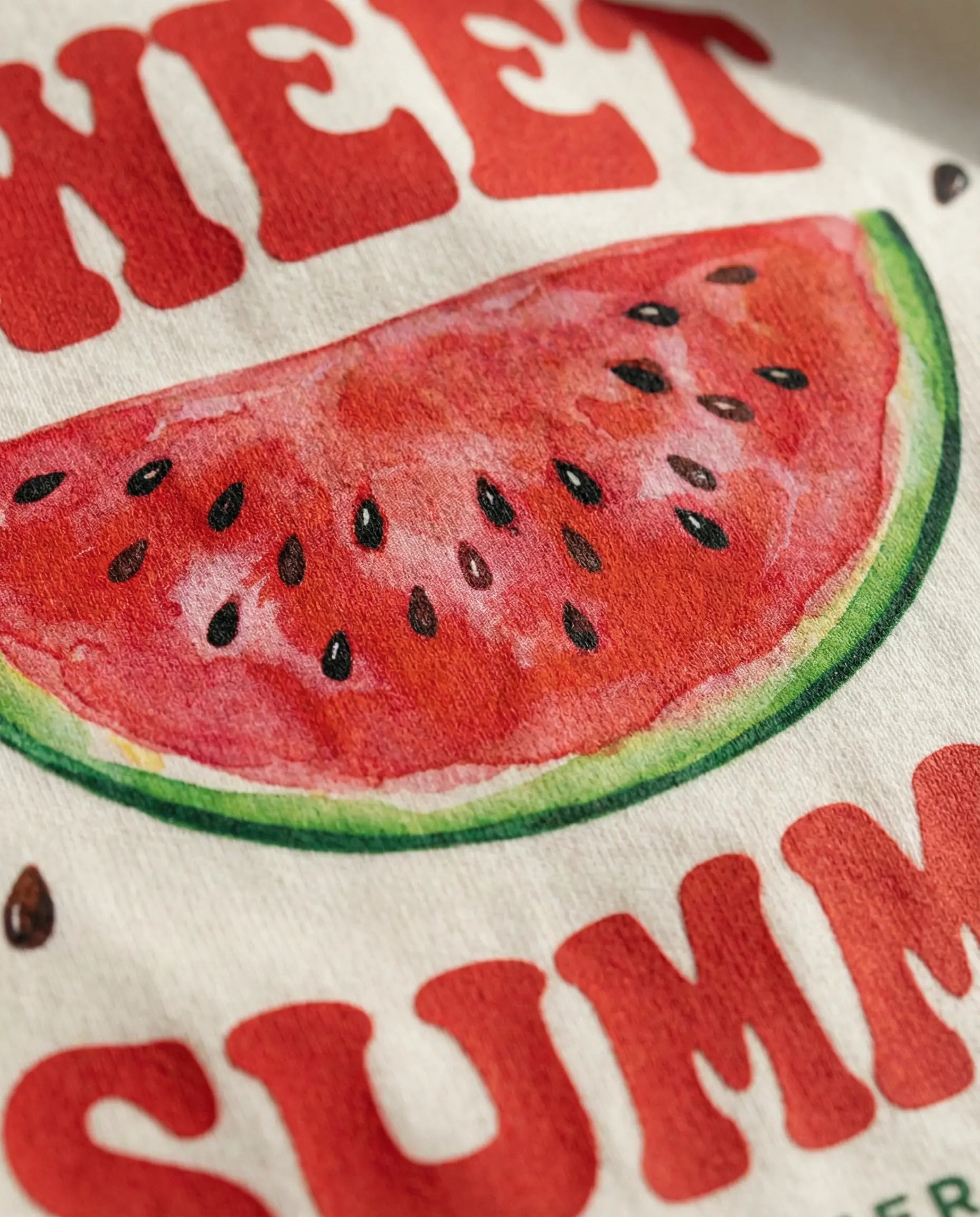 Sweet Summer women's oversized T-shirt with colorful print by aurulu, displayed flat with short sleeves and relaxed fit.