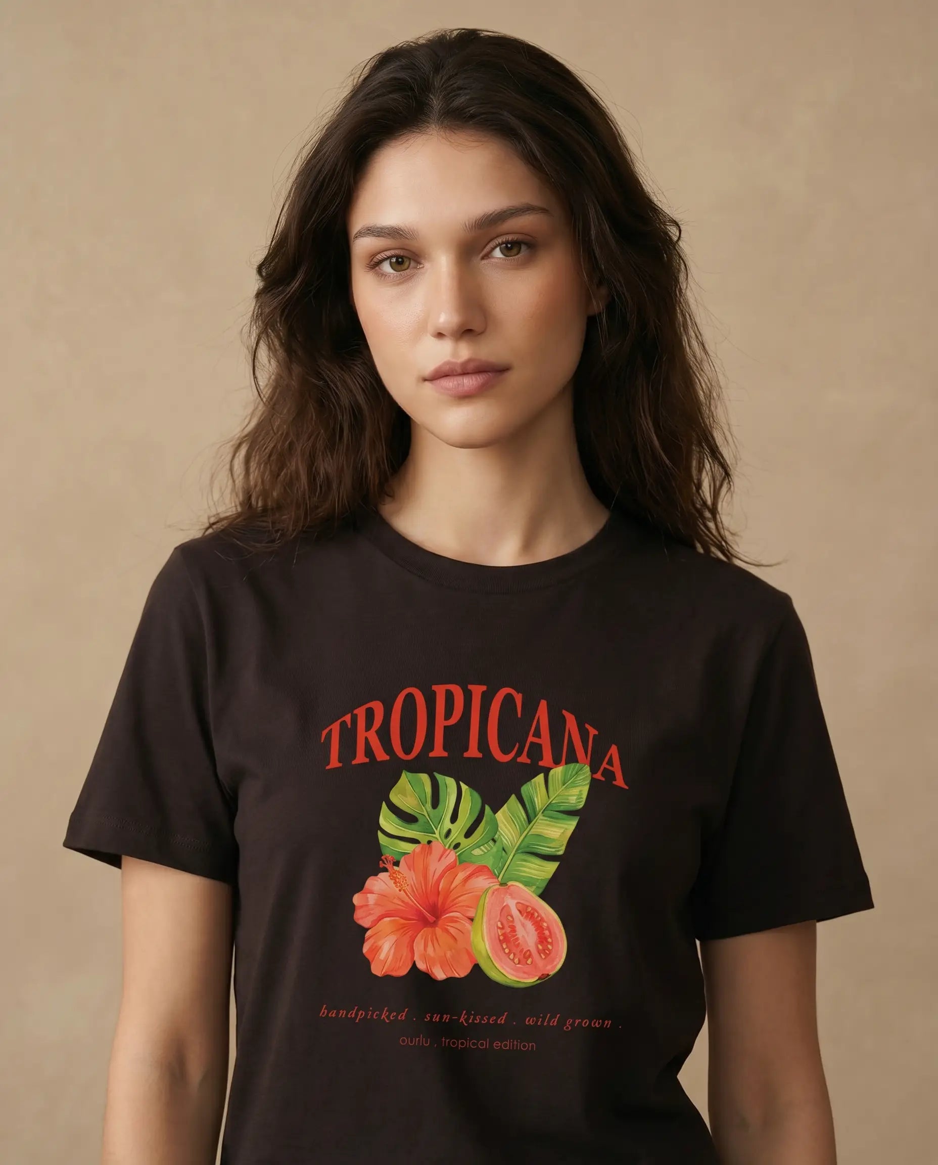 Tropicana women's print tee by aurulu featuring a vibrant handpicked fruit design on soft fabric.