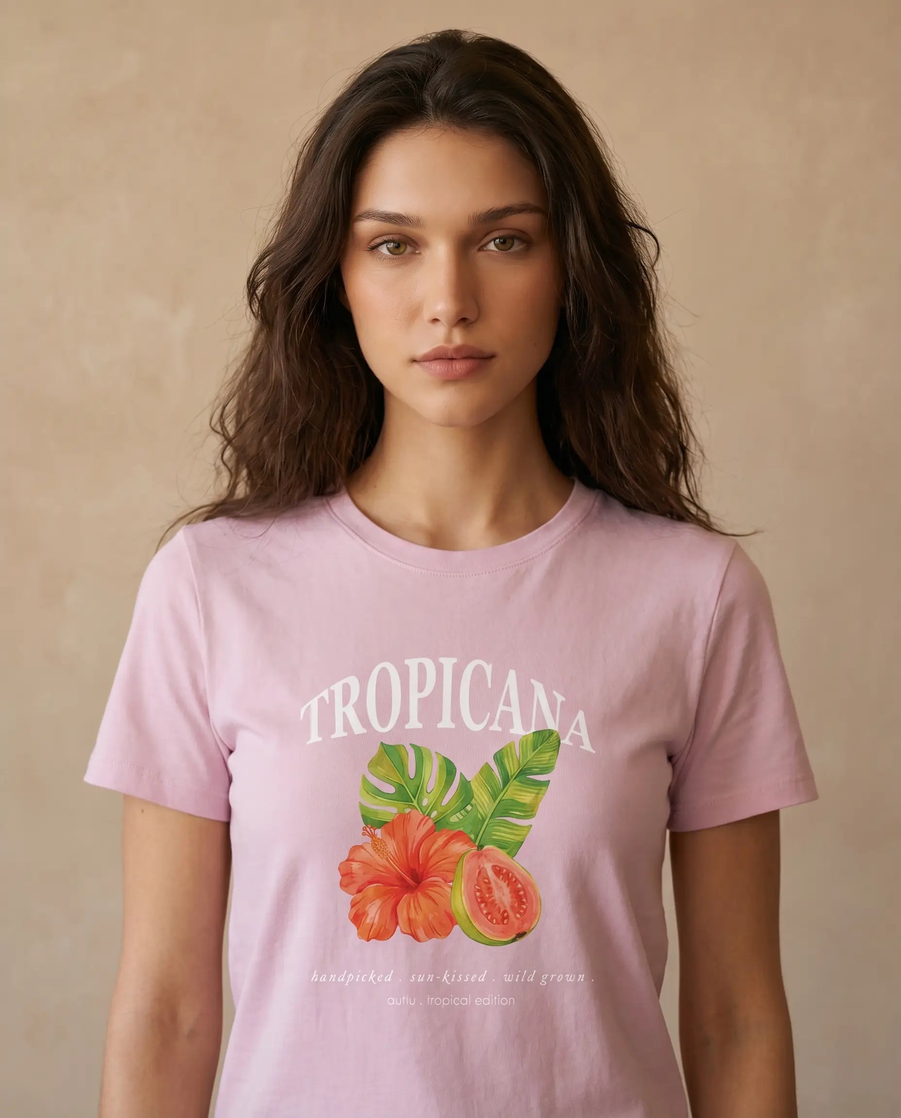 Tropicana women's T-shirt by Aurulu featuring colorful tropical fruit print on soft cotton fabric.