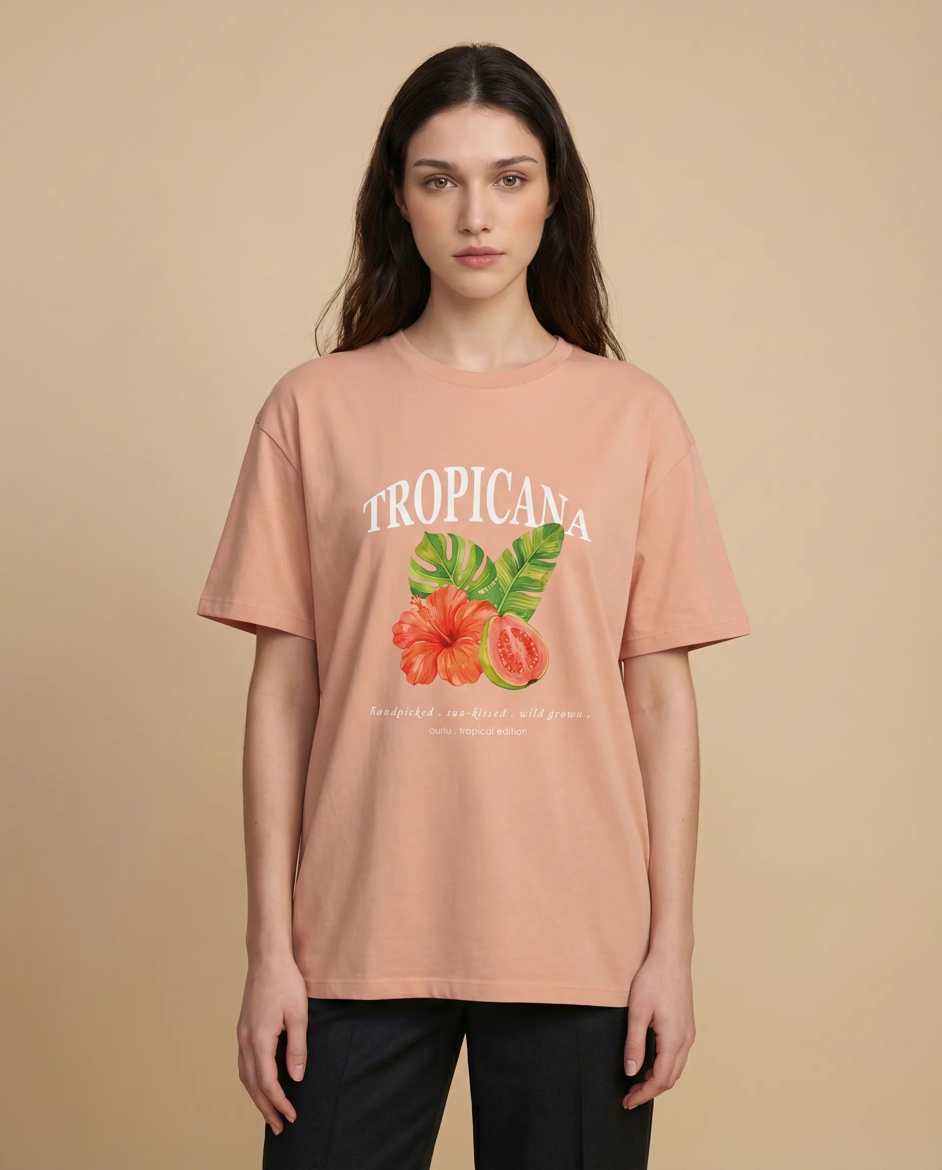 Tropicana Women's Tee by Aurulu featuring a vibrant print design on soft fabric, displayed flat with the print visible.