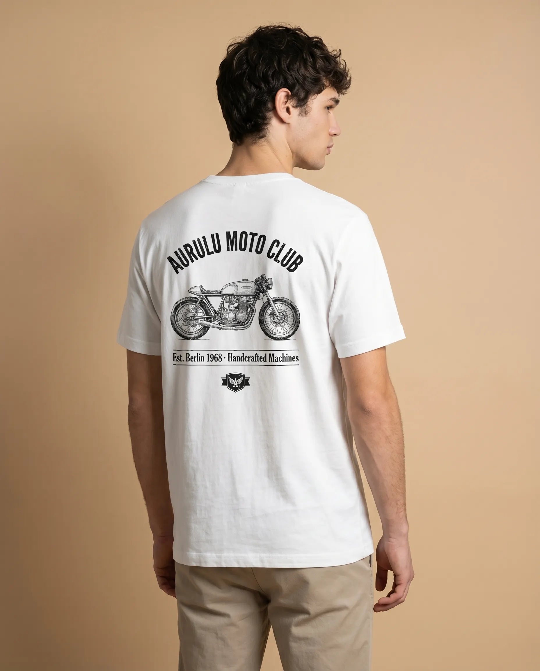 Aurulu Moto Club men's crewneck tee with print design, featuring a casual fit and comfortable fabric.