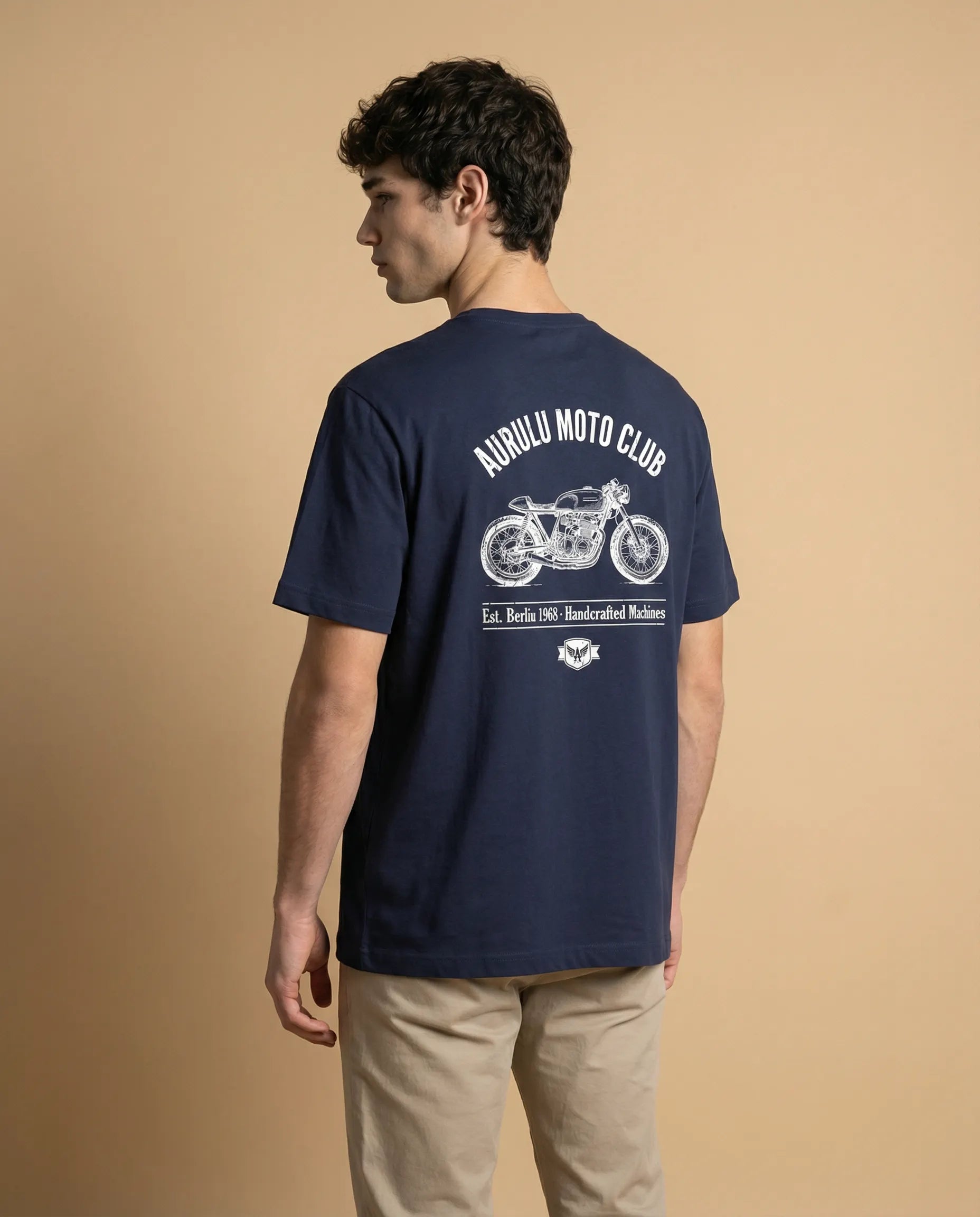 Aurulu Moto Club men's crewneck T-shirt with printed graphic design, casual style, and comfortable fabric.