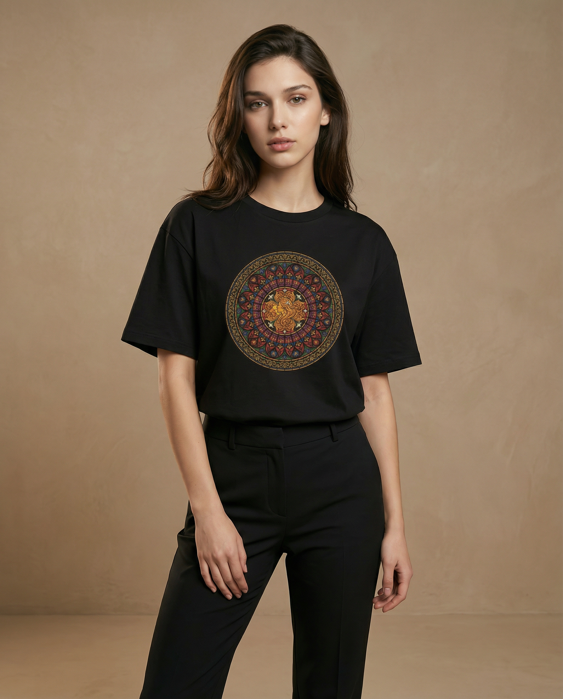 Aurulu Sancta Aurelia oversized women's print tee featuring a stylish graphic design on soft fabric.