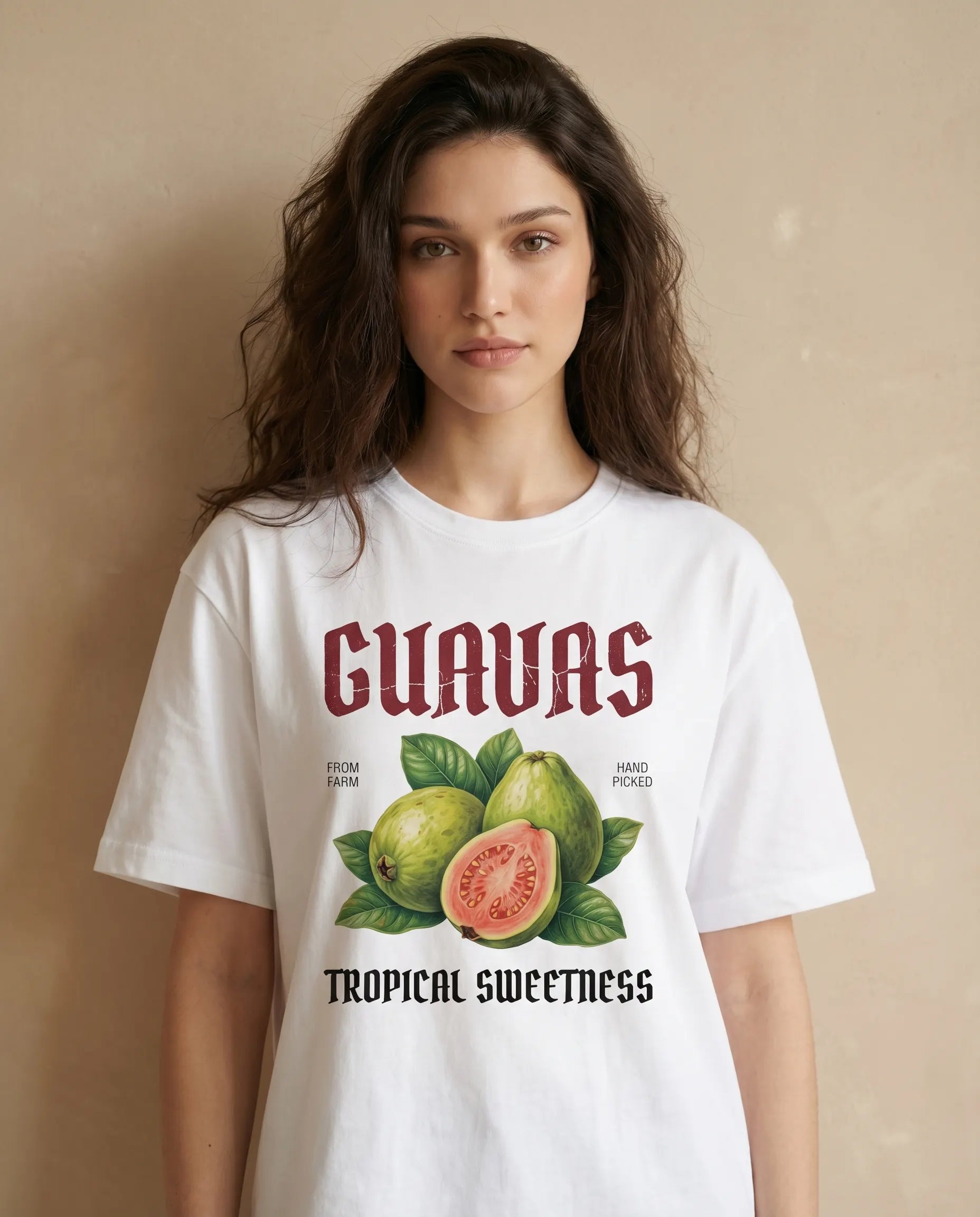 Guavas Women's Tee with colorful print from aurulu, showing the front view and vibrant design details.