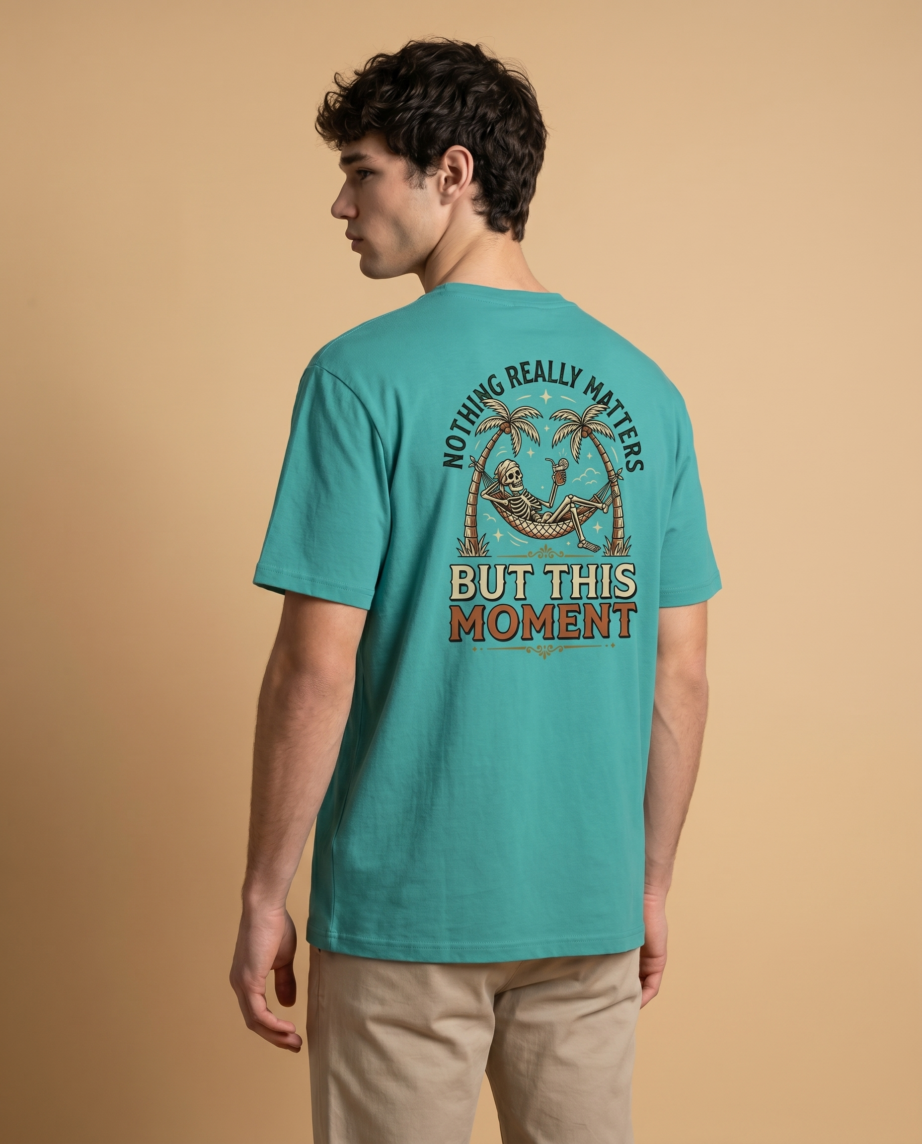 Unisex crewneck tee with printed design from aurulu, featuring the phrase "Nothing Really Matters But This Moment" on soft fabric.