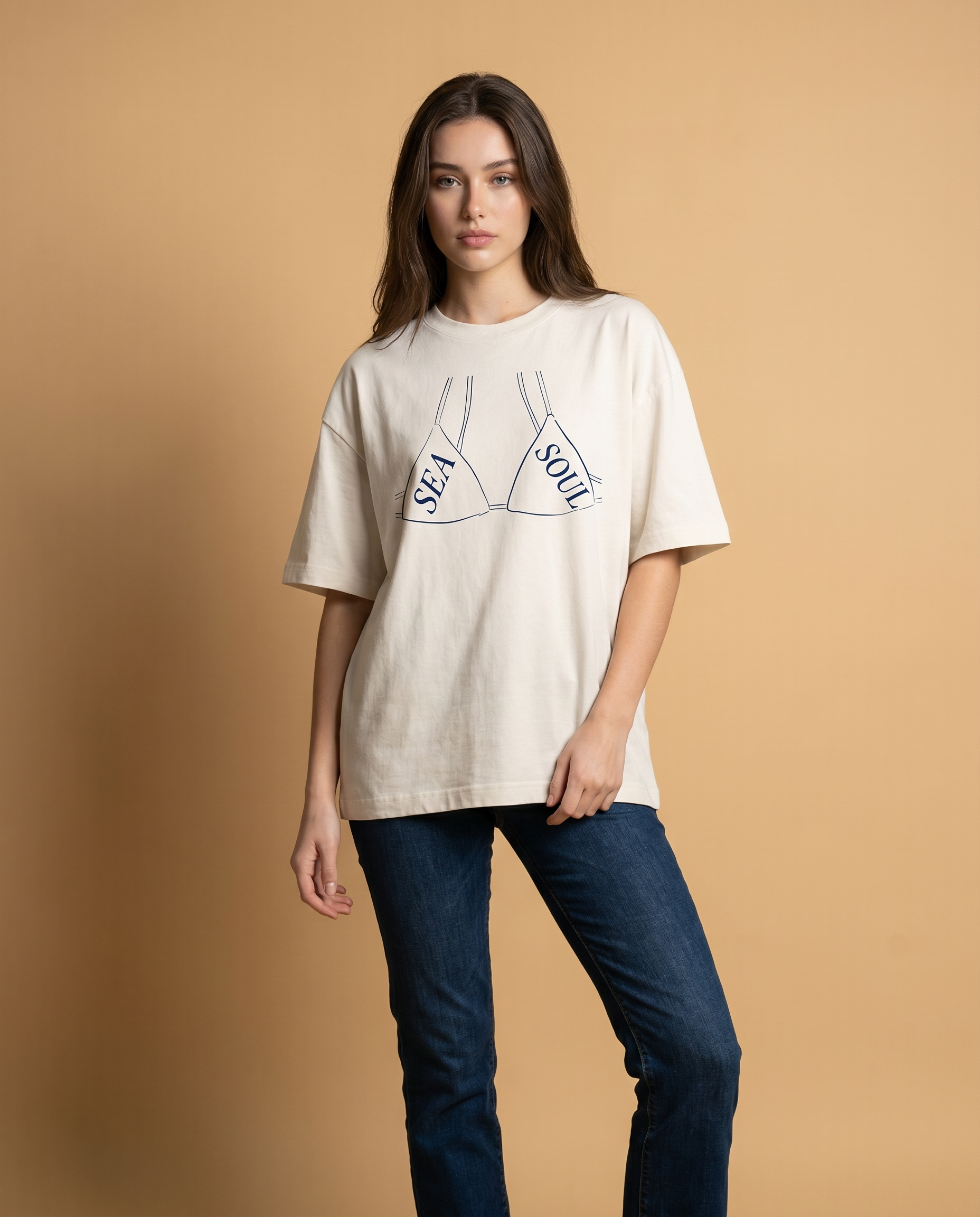 Sea Soul Women's Oversized Tee by aurulu with vibrant print design, soft fabric, and relaxed fit, shown on a model.