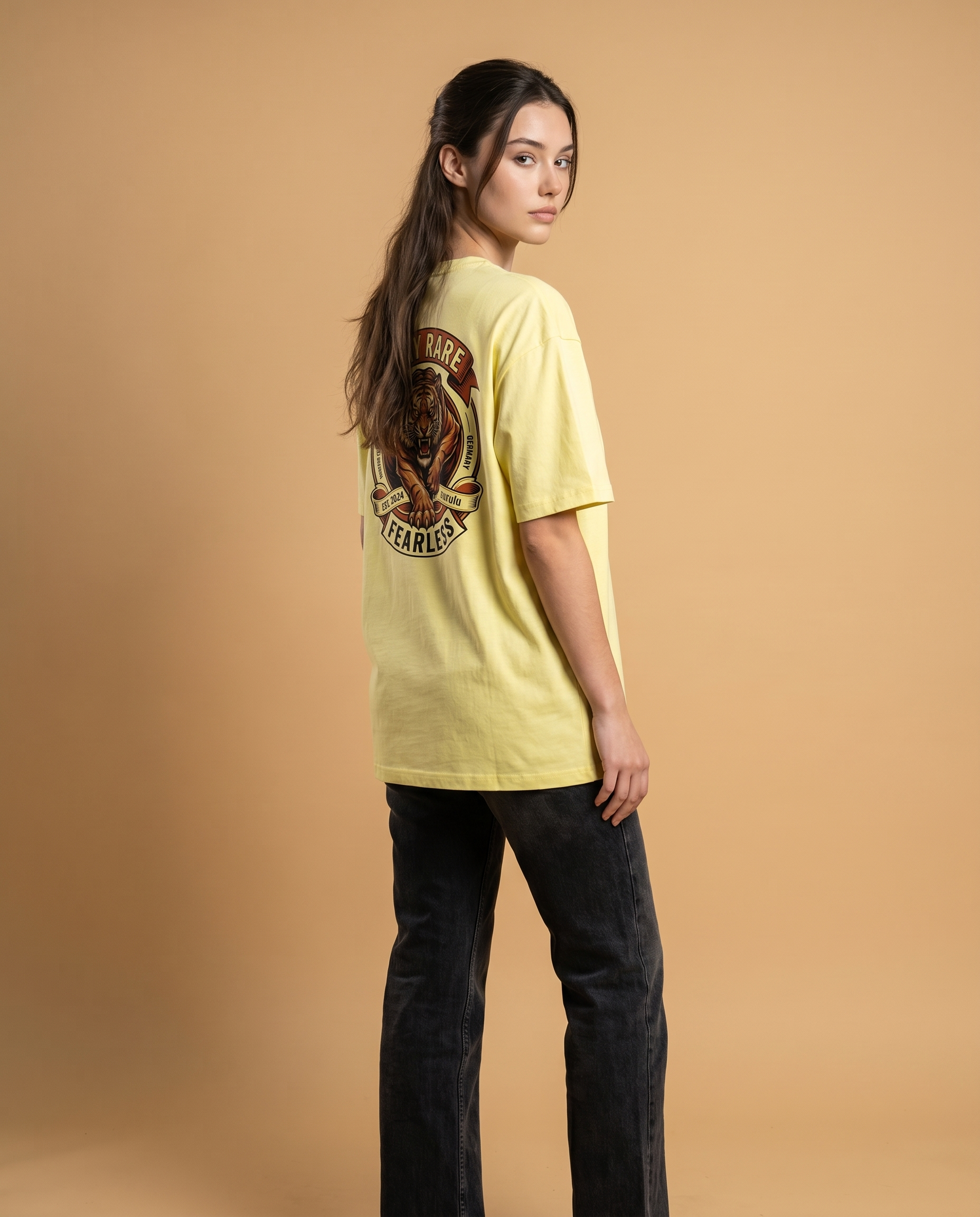 Stay Rare Fearless unisex crewneck tee with bold print by aurulu, shown flat with front view and graphic design.