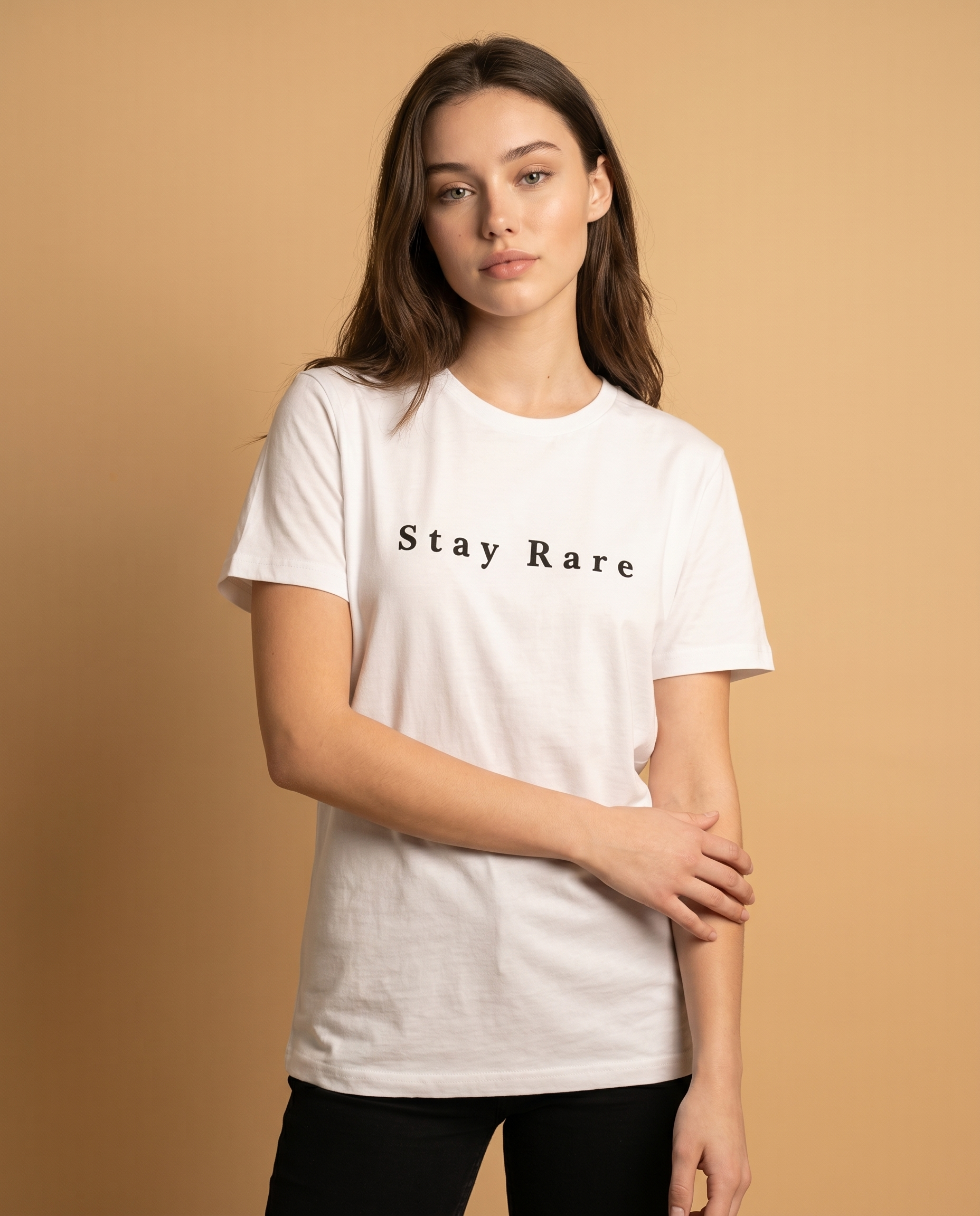Aurulu Stay Rare Fearless unisex crewneck tee with bold printed design, shown in a close-up view of the front.