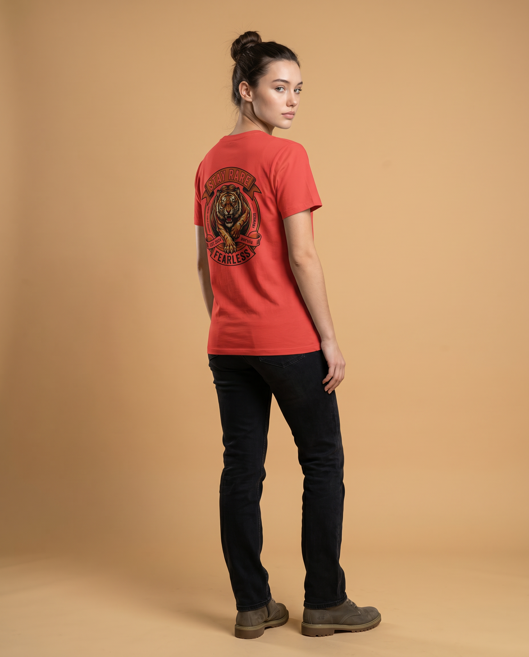 Stay Rare Fearless unisex crewneck tee by aurulu featuring bold print design on soft cotton fabric.