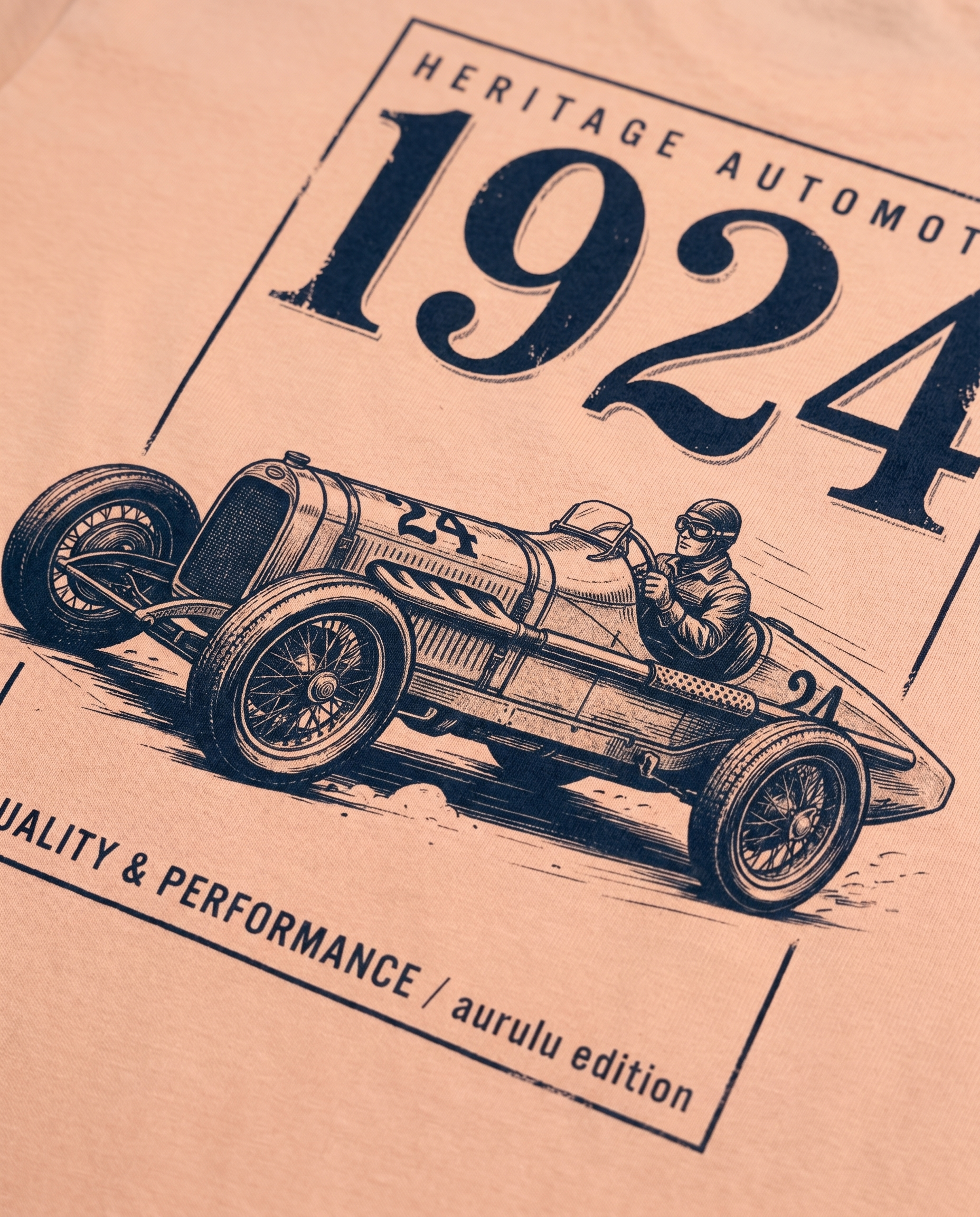 Heritage Automotive 1924 men's crewneck tee by Aurulu featuring a printed vintage automotive design on soft fabric.