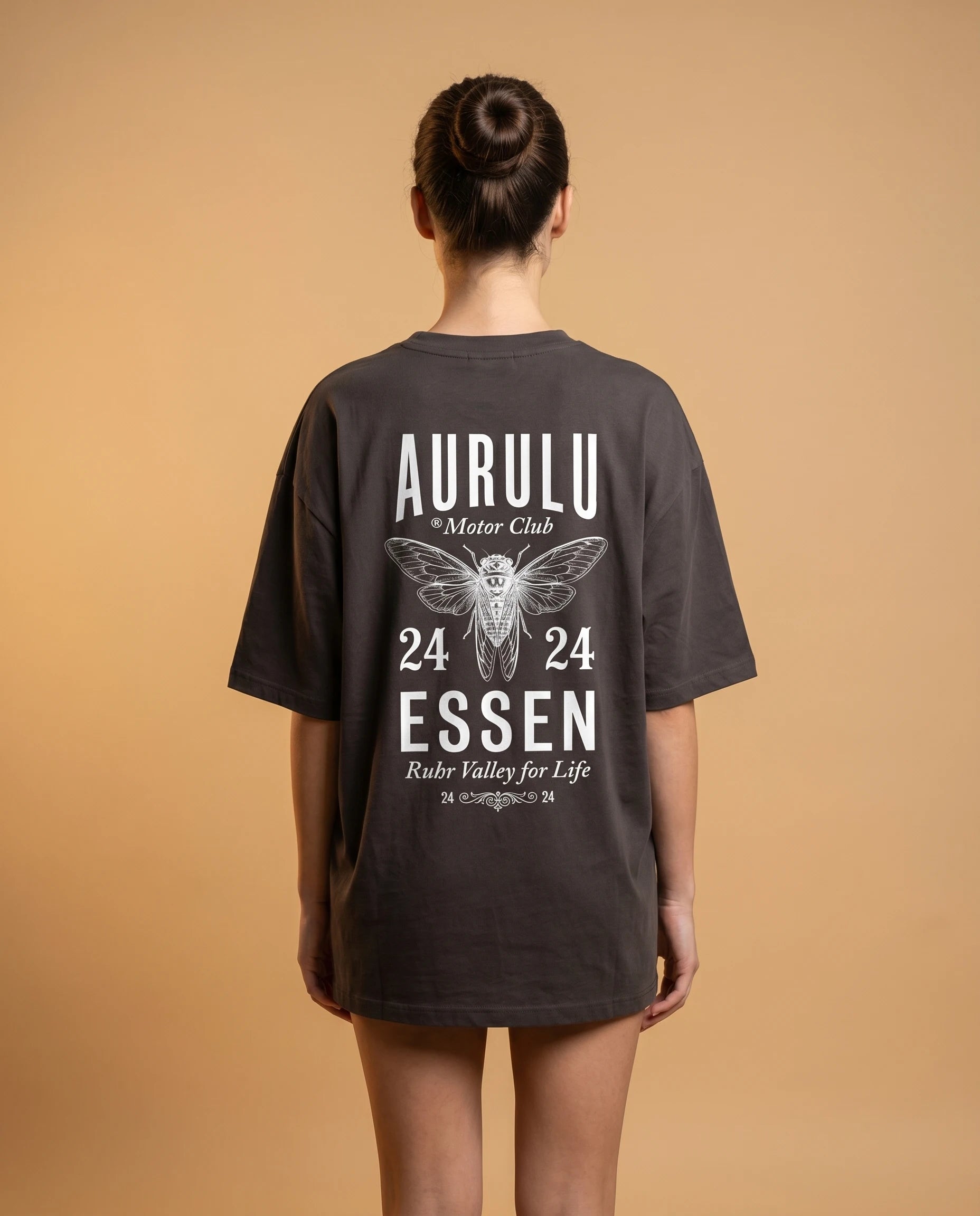 Aurulu Ruhr Valley for Life women’s oversized T-shirt with organic cotton graphic print, featuring a vibrant design on the front.